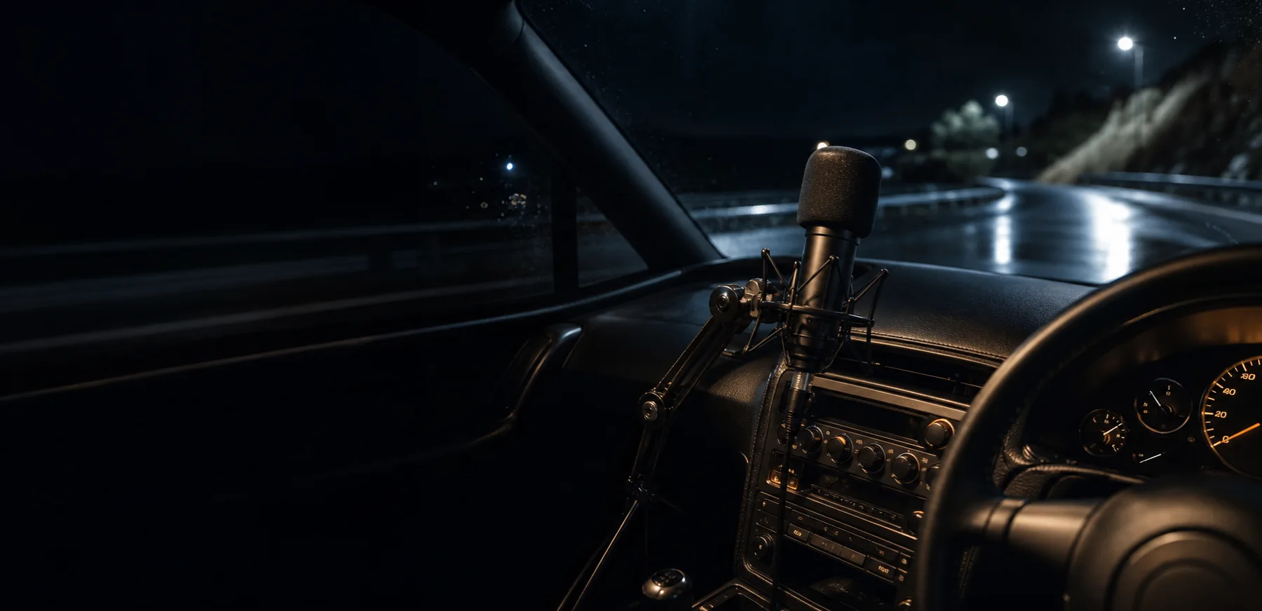 Broadcast microphone mounted inside a performance car overlooking a rain-lit road at night